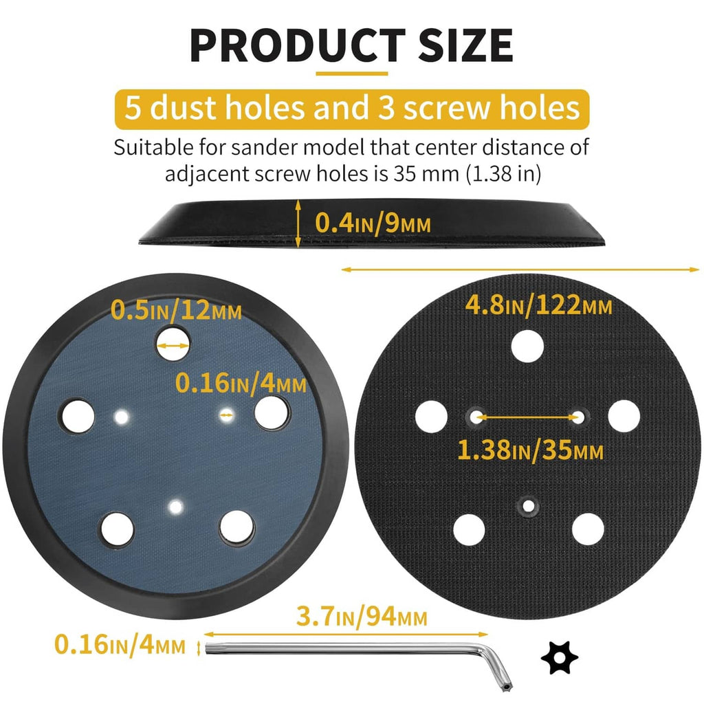 5-inch sanding pad size view, blue backing with five dust holes and screw holes