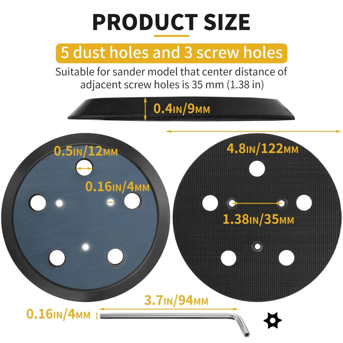 5-inch sanding pad size view, blue backing with five dust holes and screw holes