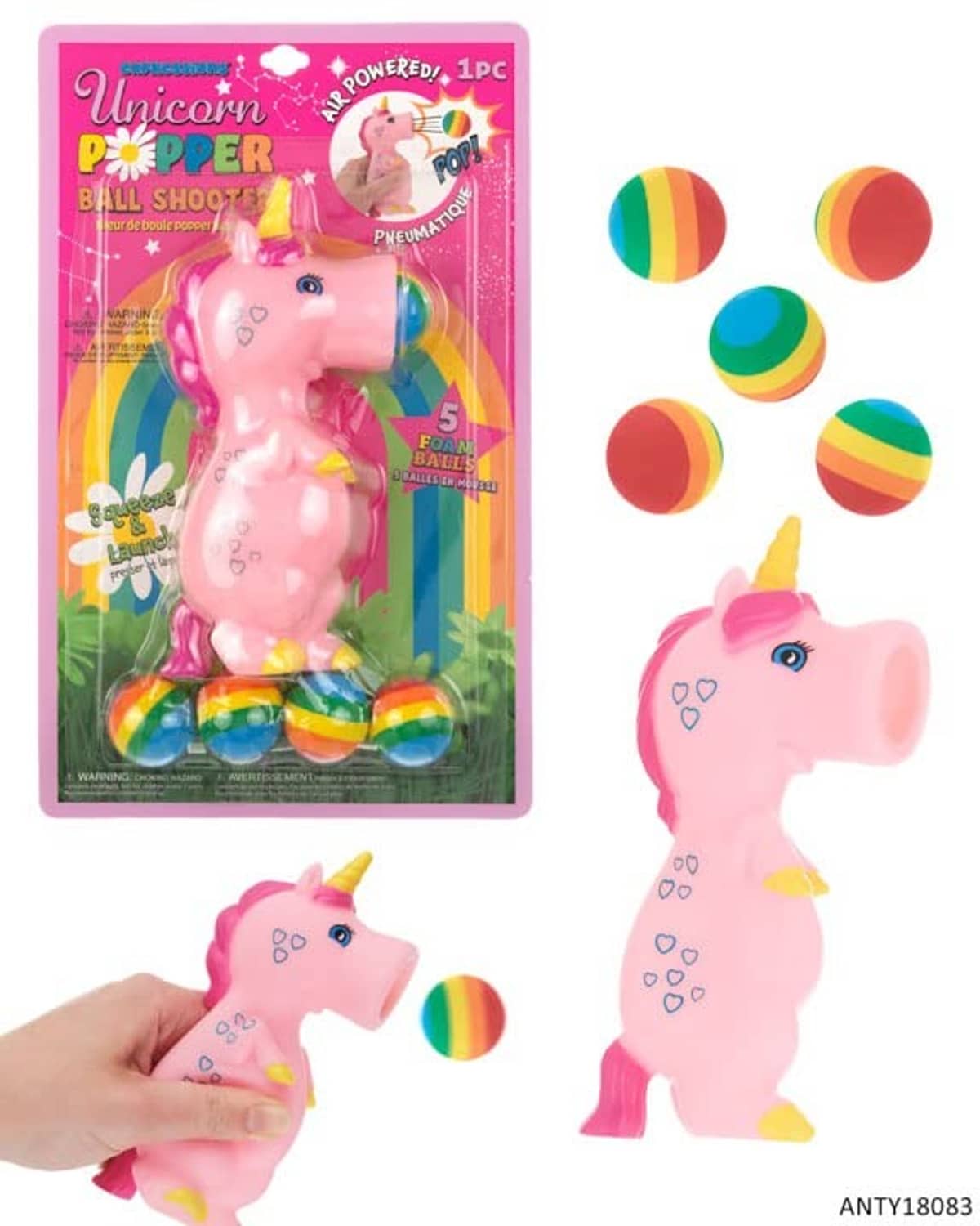 Unicorn foam ball popper toy with rainbow foam balls and retail packaging