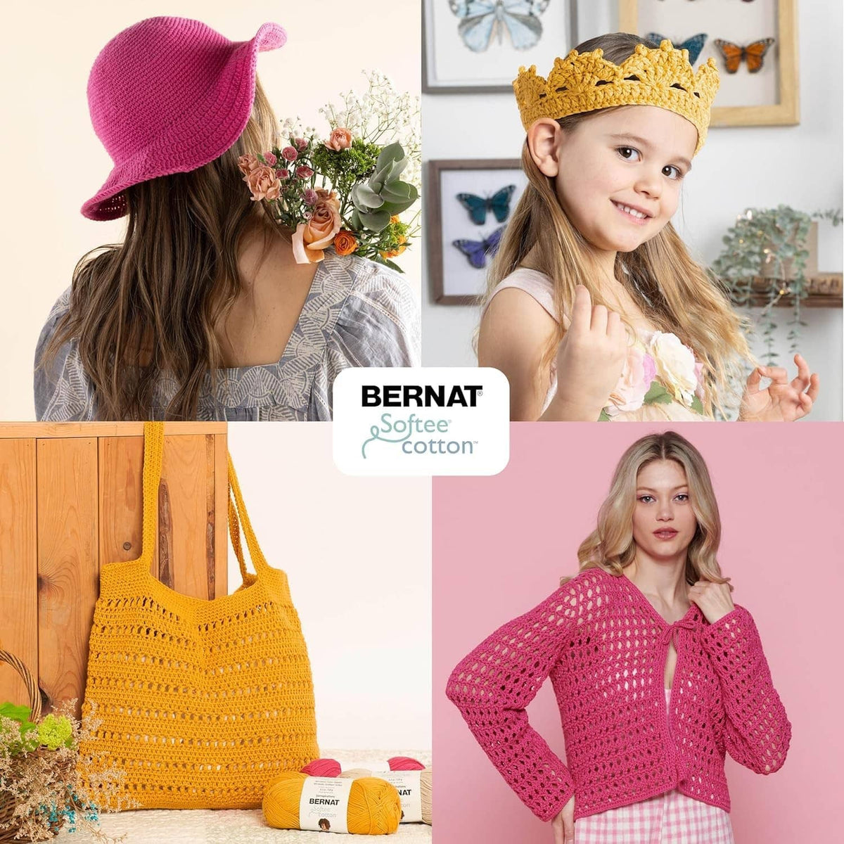 Pink crocheted cardigan and knit hat on child with Bernat Softee Cotton logo