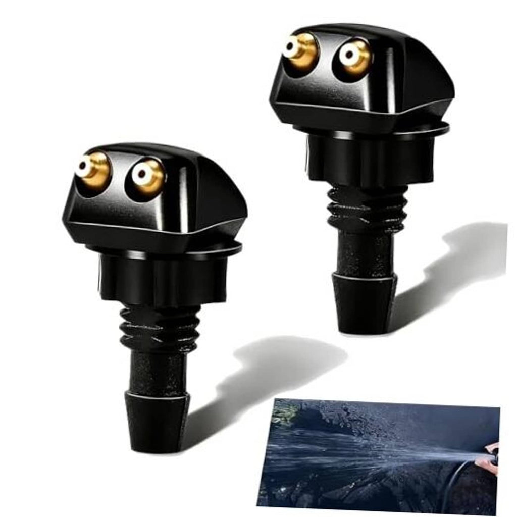 Two black windshield washer nozzles with dual brass spray holes