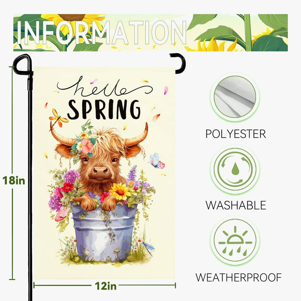 Hello Spring garden flag, 12x18 in, polyester; washable and weatherproof; highland cow art