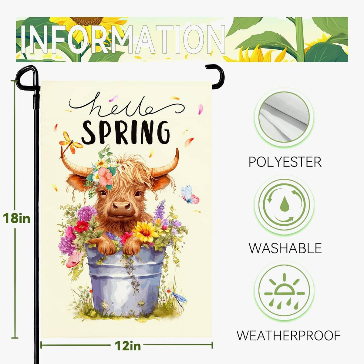 Hello Spring garden flag, 12x18 in, polyester; washable and weatherproof; highland cow art