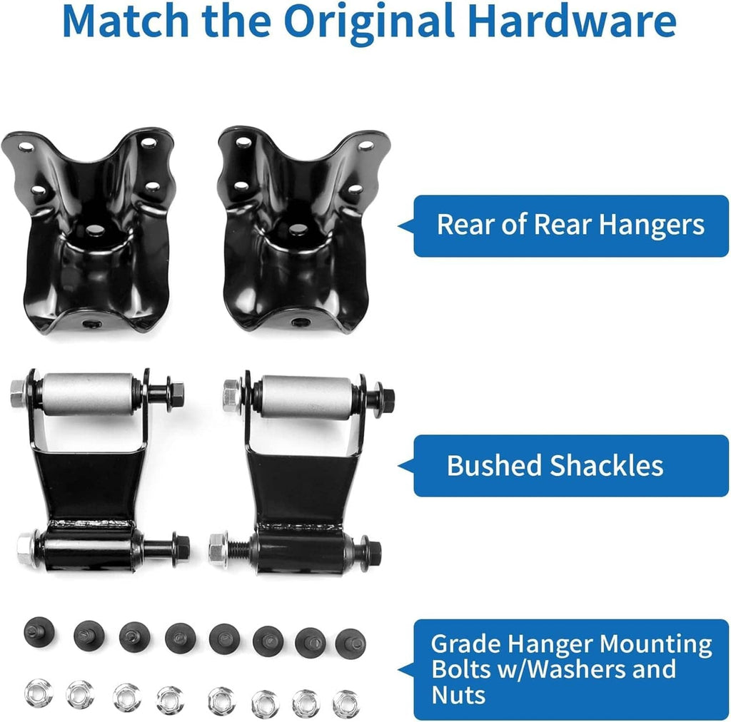 Black rear leaf spring hangers and bushings with mounting hardware, kit set
