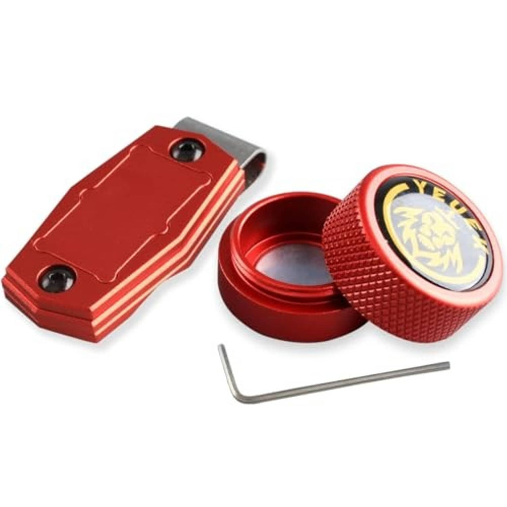 Red metal pool chalk holder set with round cap, back clip, and hex key