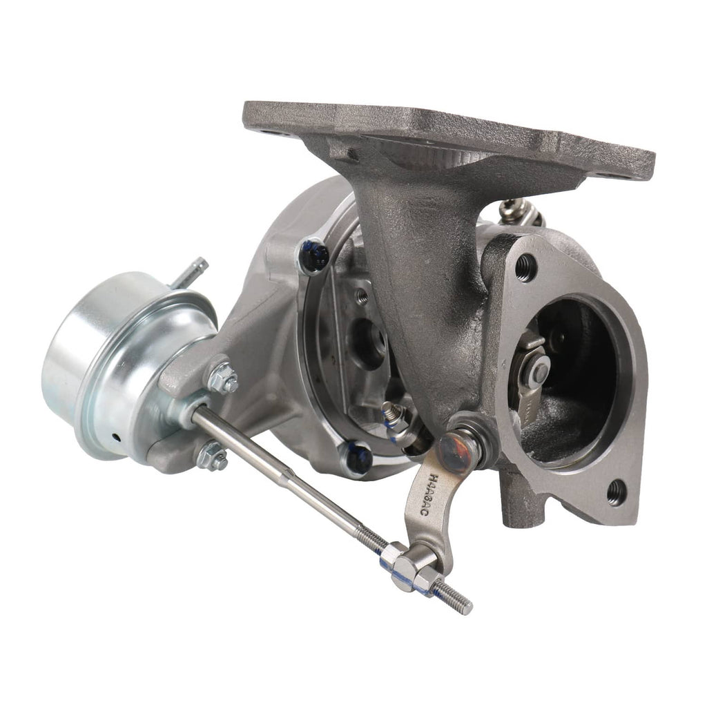 Turbocharger assembly with dark inlet flange, silver actuator housing, and linkage rods