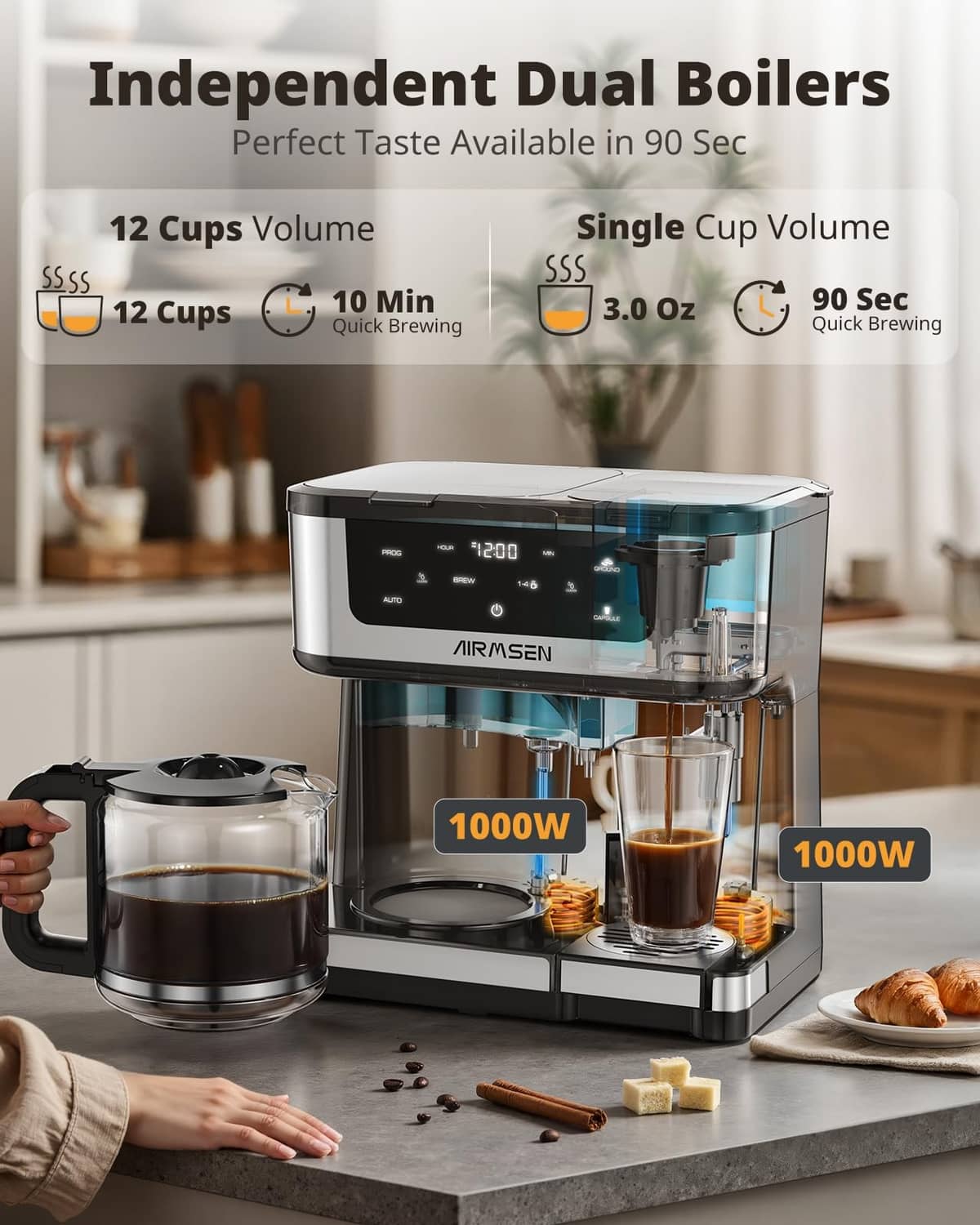 AIRMSEN dual coffee maker with glass carafe and two brewing containers on the counter