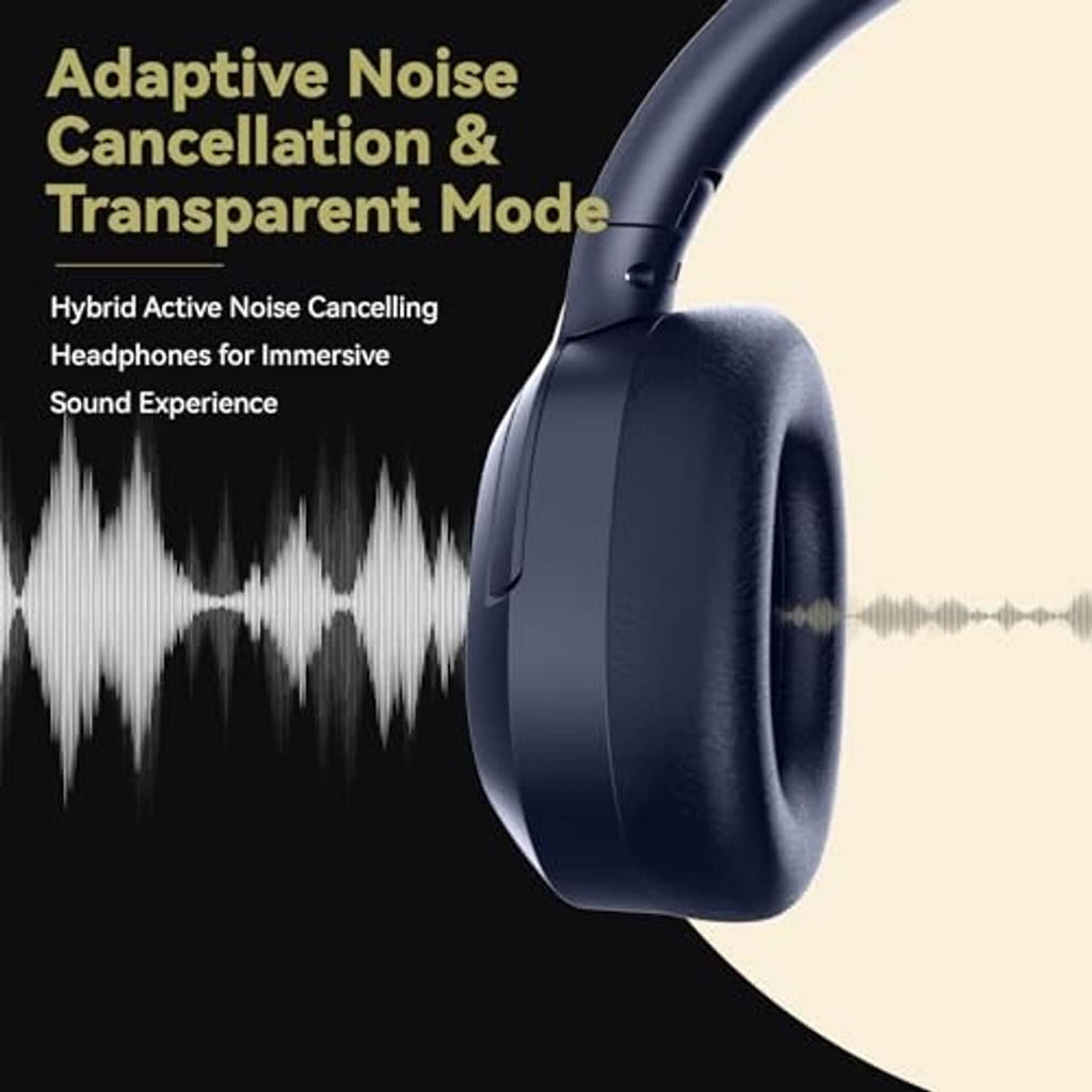 Dark blue over-ear headphones with earcup side profile and inline button detail