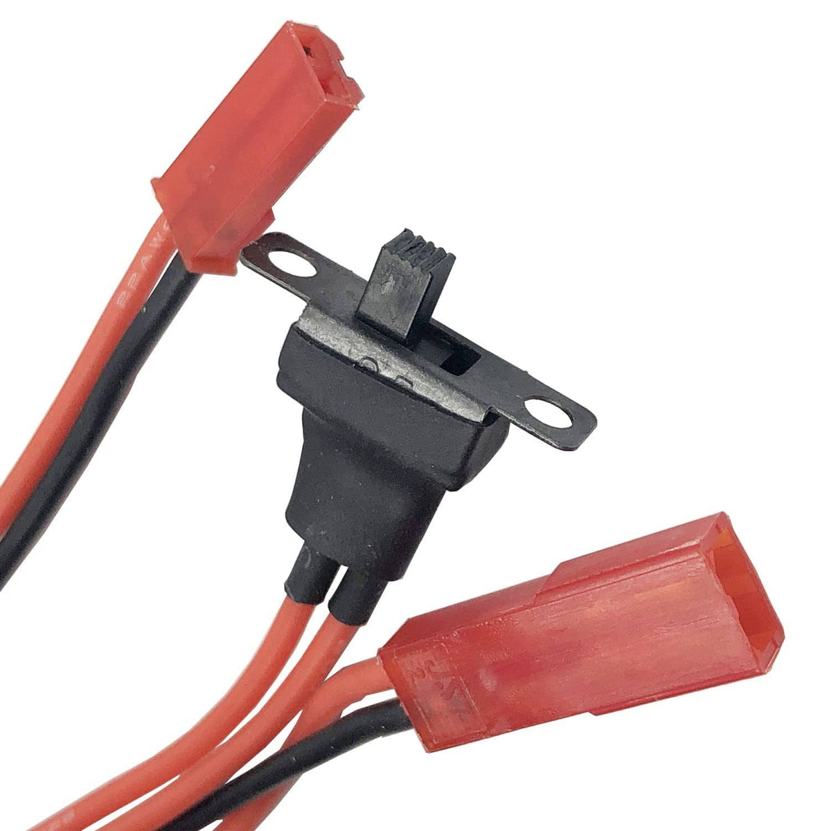 Brushed RC ESC power connection with red insulated connectors and black mounting tabs
