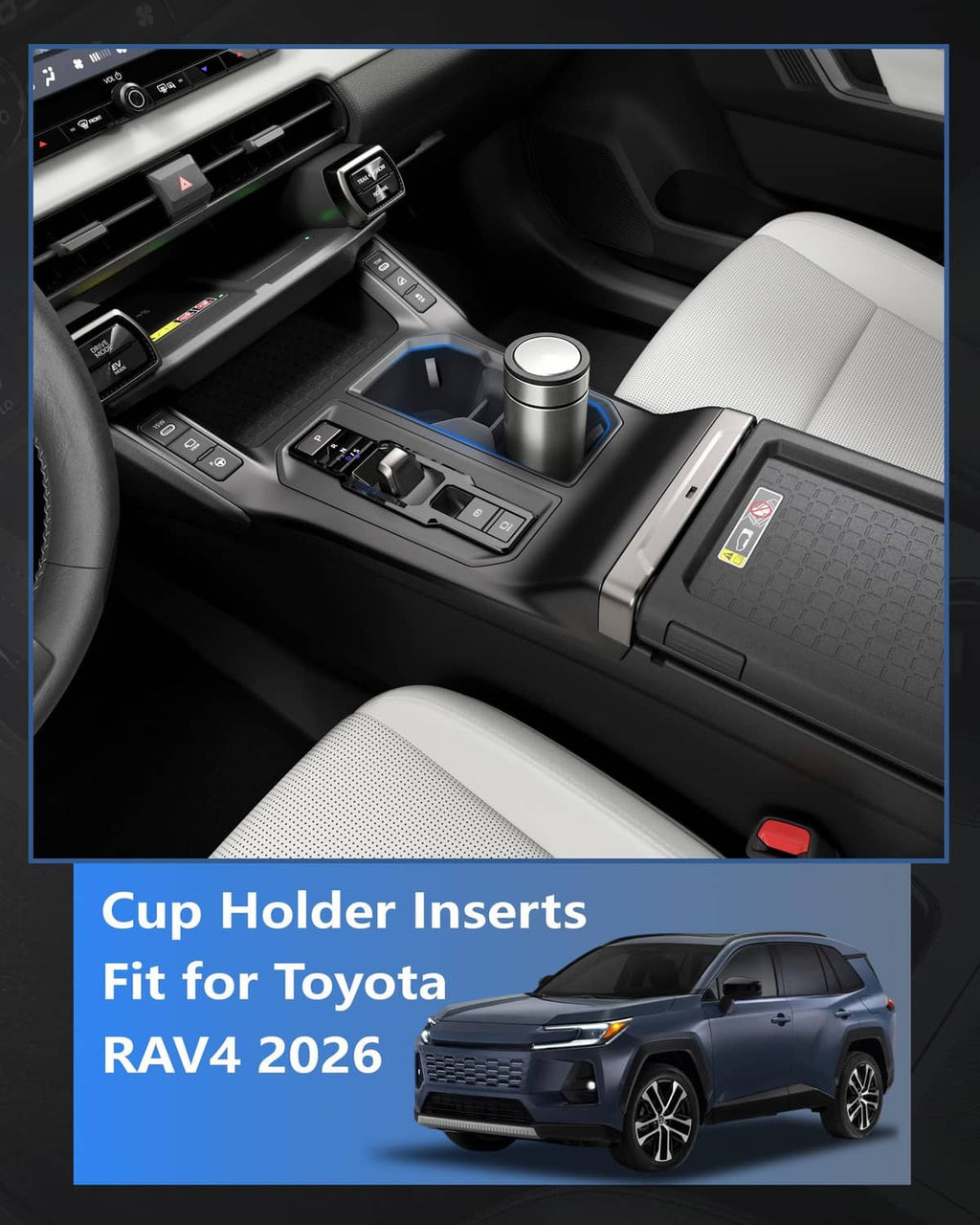 Black cup holder insert tray with blue edge, holding a can and bottle in console