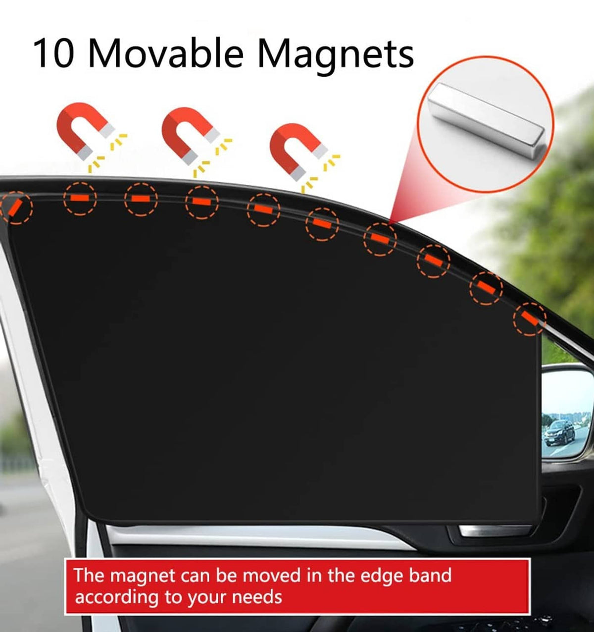 Black sun shade with movable magnetic edge band and circular magnet points