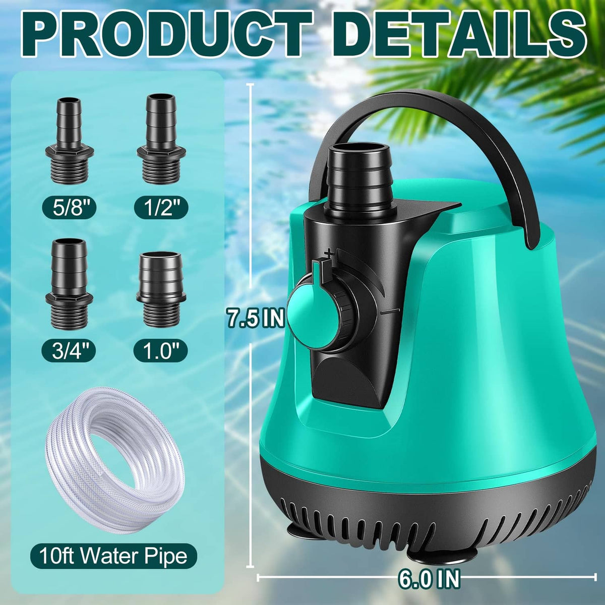 Teal submersible sump pump with black intake and handle, shown with connecting hoses