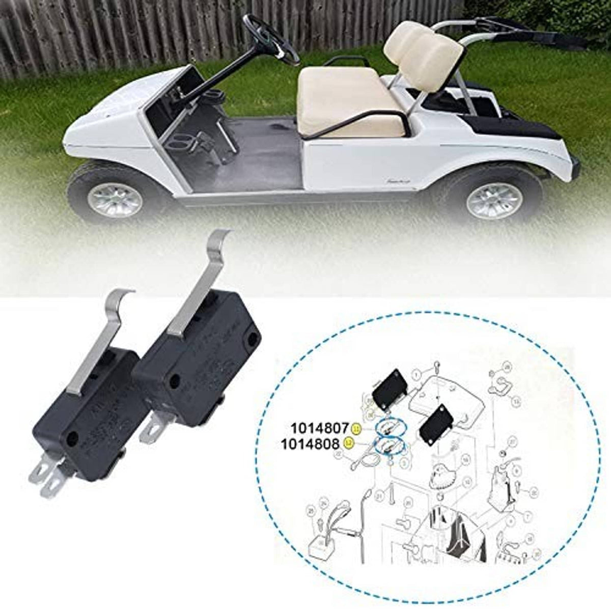 Black micro switch with metal pins, shown with diagram for golf cart part fitment.