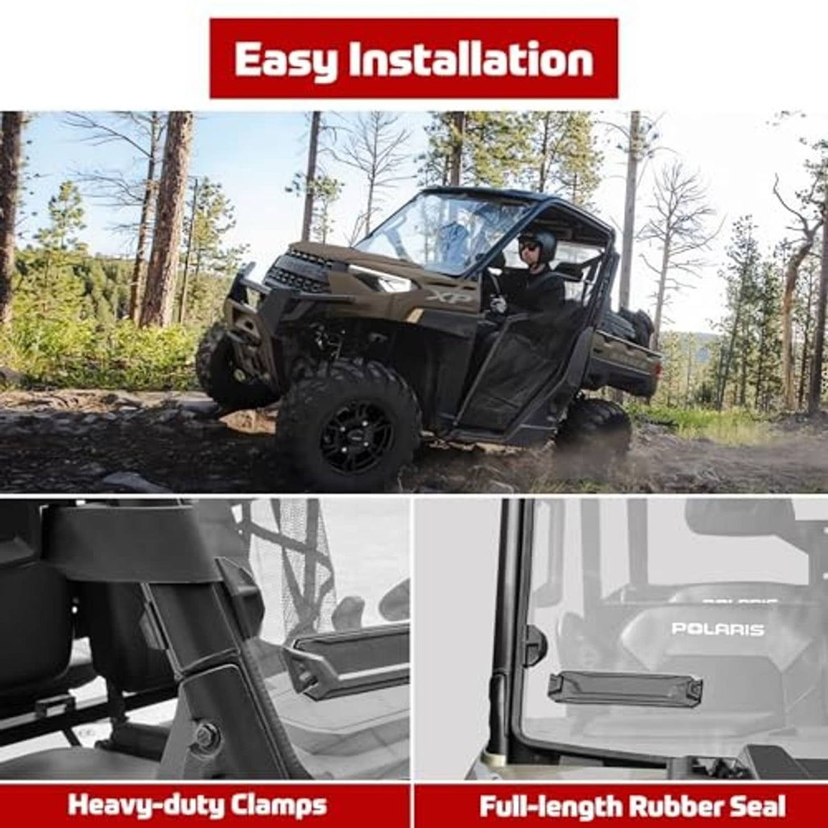 Front vented windshield installation hardware: heavy-duty clamps and rubber seal