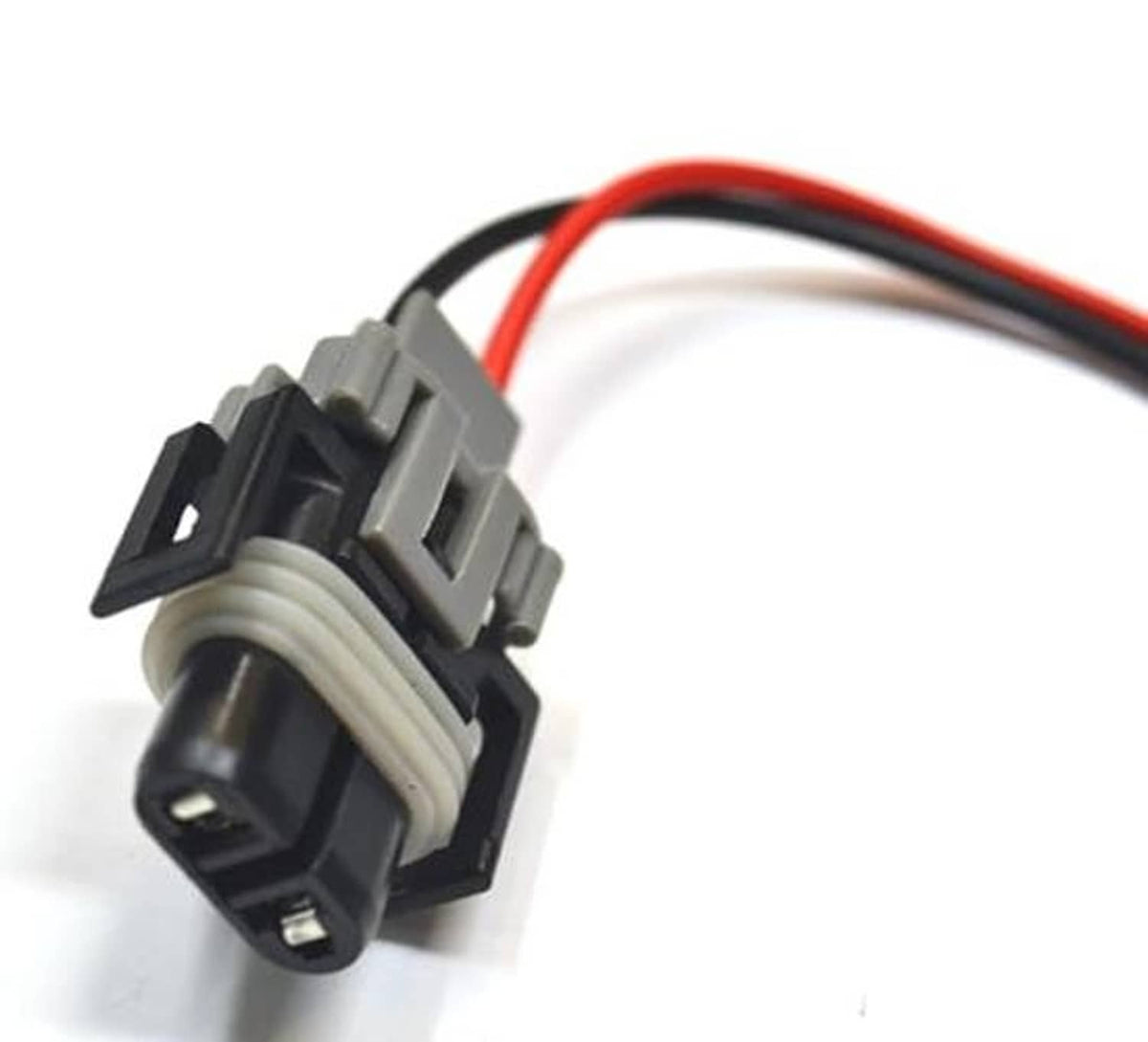 Headlight socket connector adapter with red and black wires, dual-slot plug