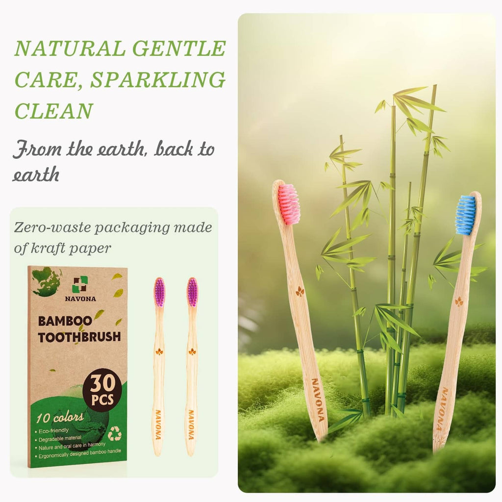 Two Navona bamboo toothbrushes with colorful bristles beside a 30-pack box