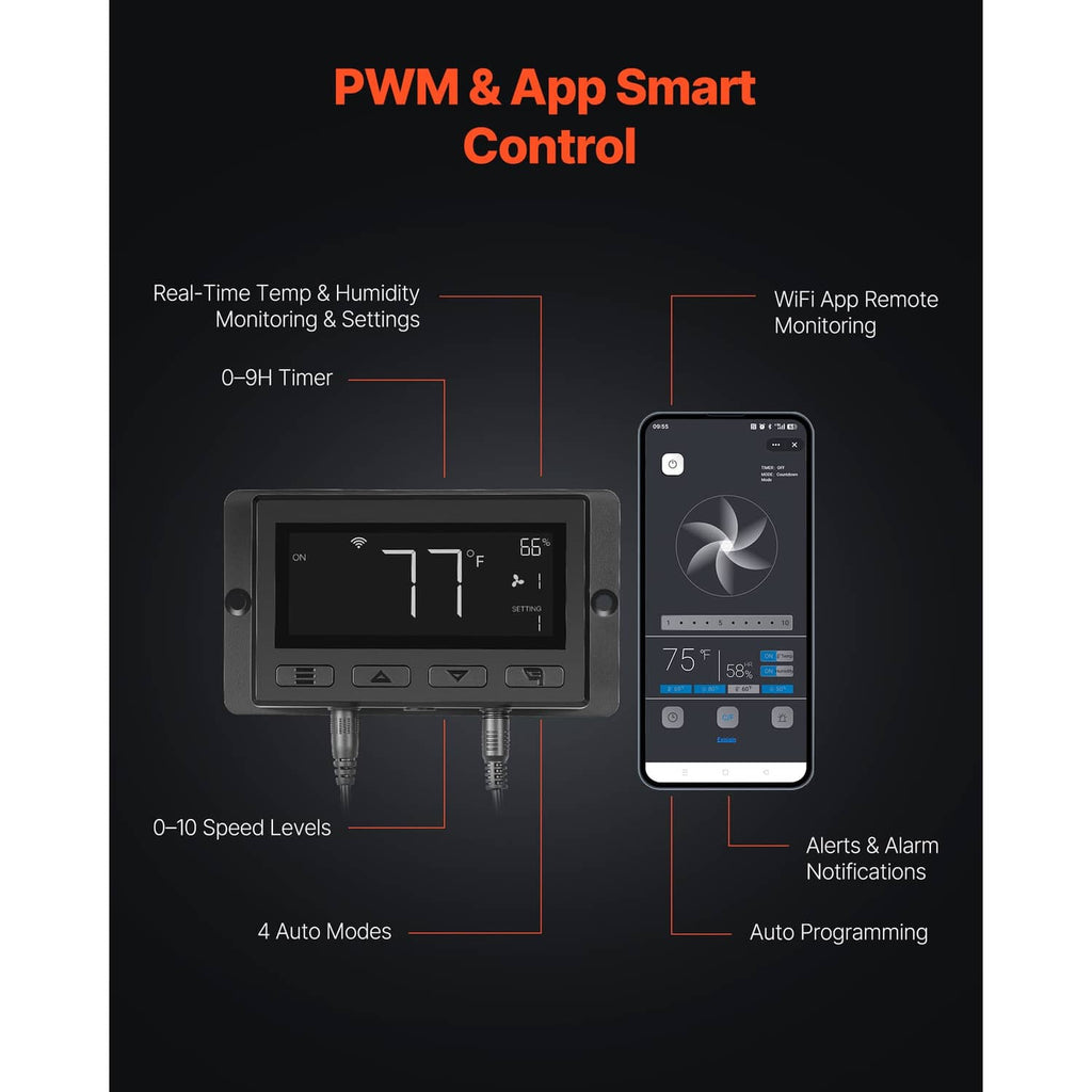 Inline duct fan smart control diagram with app remote and temperature timer settings