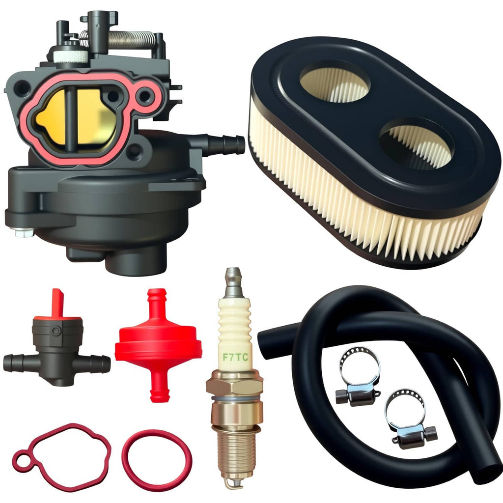 Carburetor tune-up kit with air filter, spark plug, hoses, and red/black gaskets
