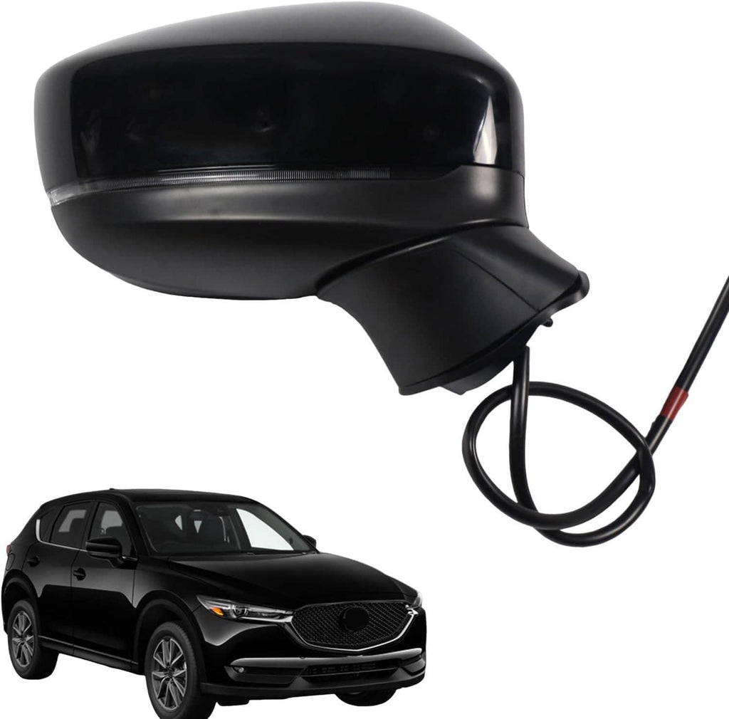Black passenger-side power mirror with cable lead and glossy housing