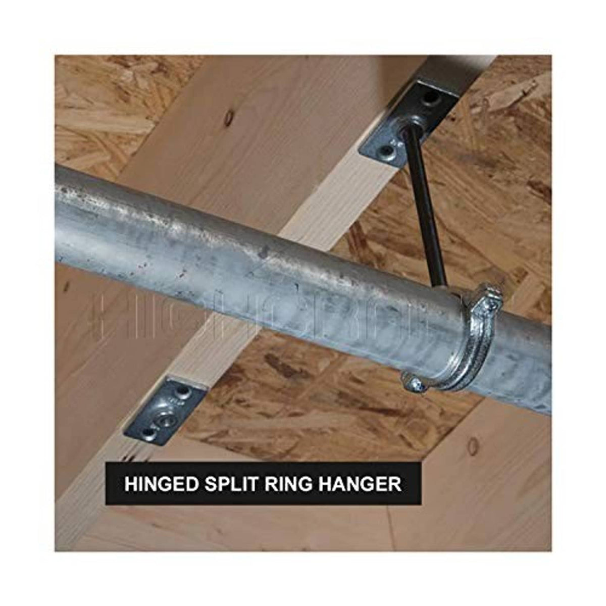 Hinged split ring pipe hanger securing a horizontal metal pipe to wood
