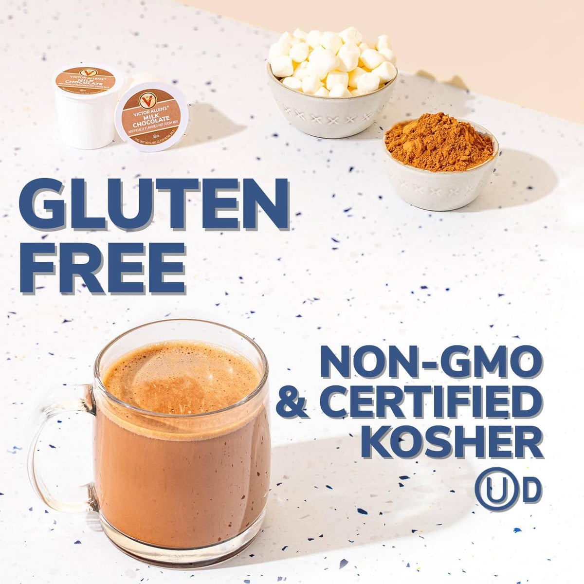 Milk chocolate hot cocoa cup with gluten-free, non-GMO, and kosher pod servings