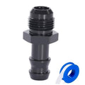 Black straight AN to 5/8" hose barb adapter, blue hose piece shown