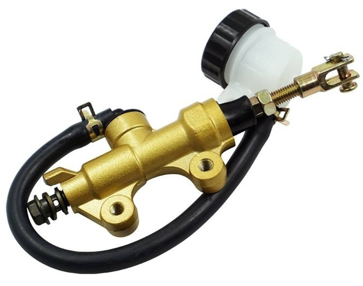 Rear brake master cylinder pump in gold with reservoir and electrical connector