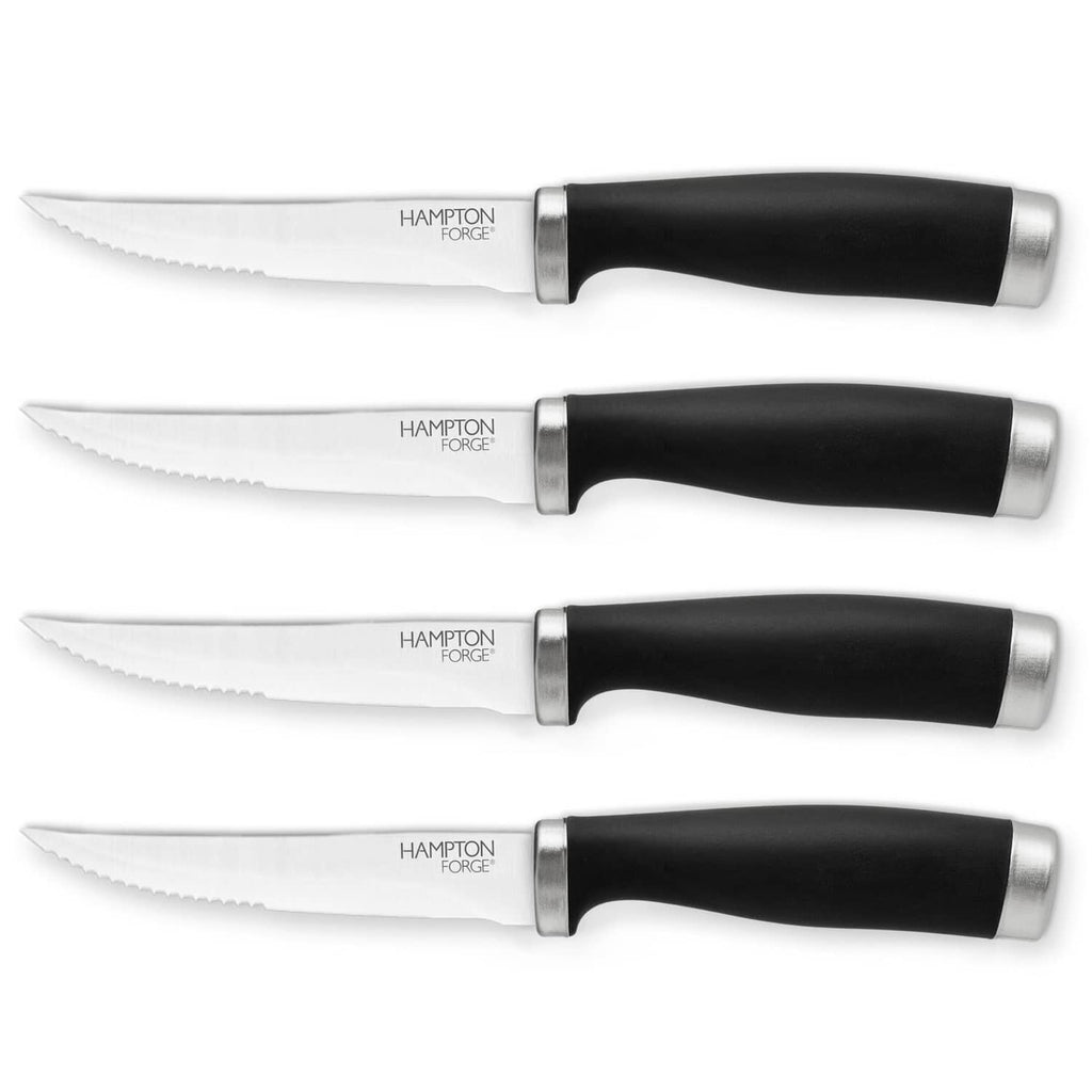 Hampton Forge steak knife set of 4, black handles with silver serrated blades