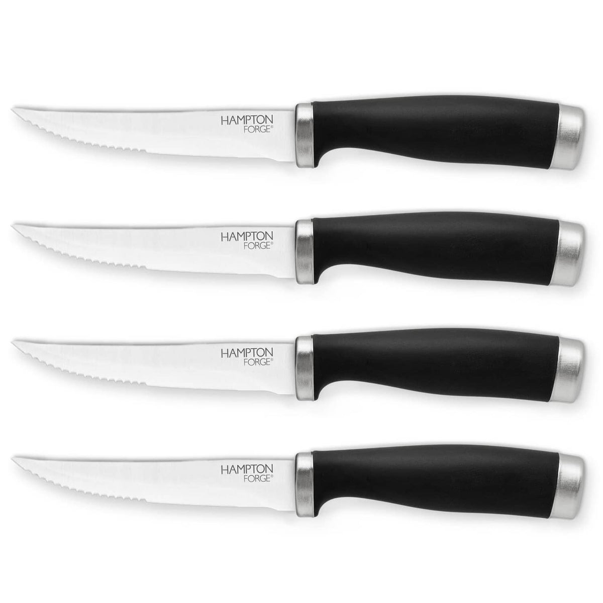 Hampton Forge steak knife set of 4, black handles with silver serrated blades