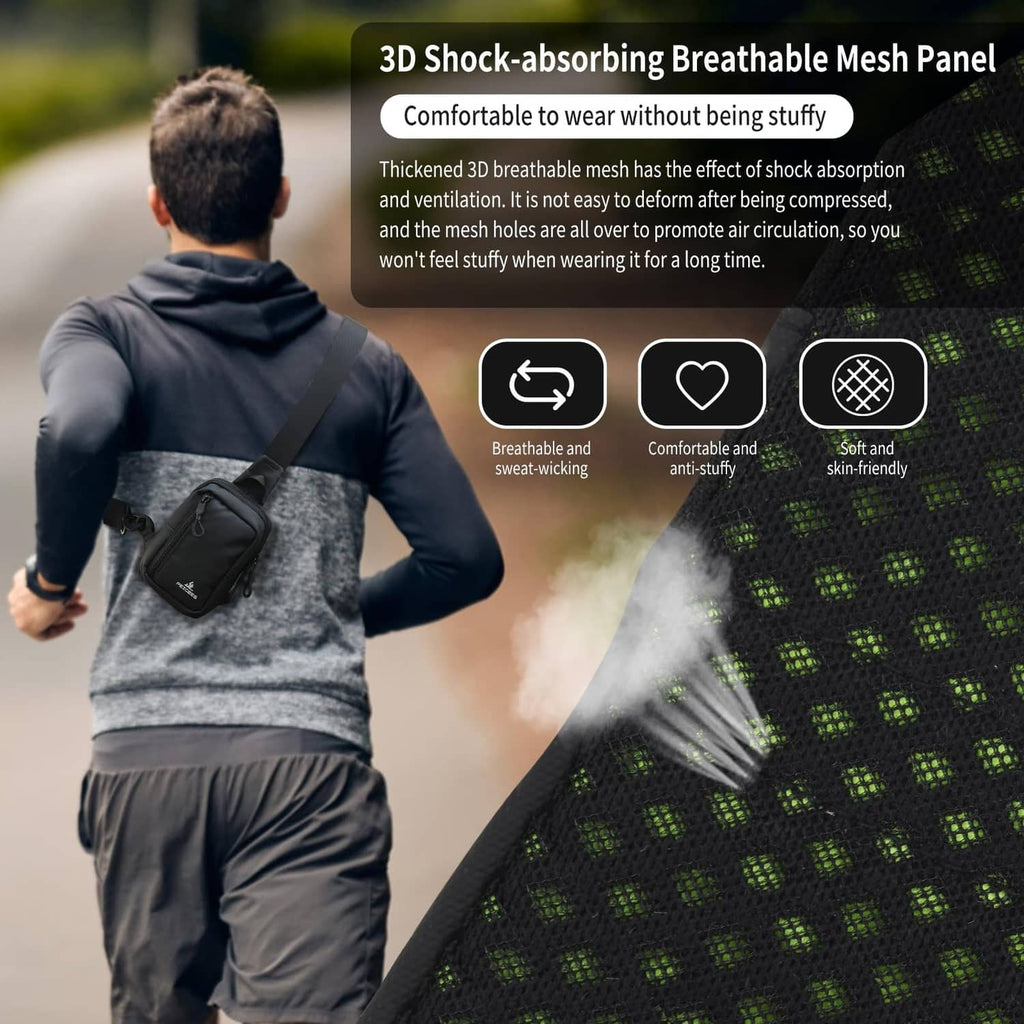 Black crossbody sling bag with 3D mesh panel pattern and adjustable strap