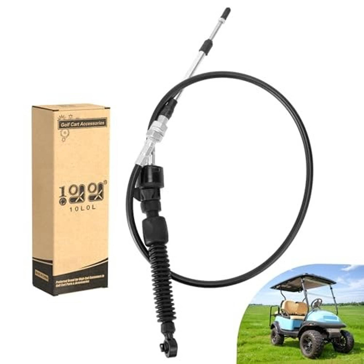 Golf cart forward/reverse shift cable with black coiled spring and packaged box
