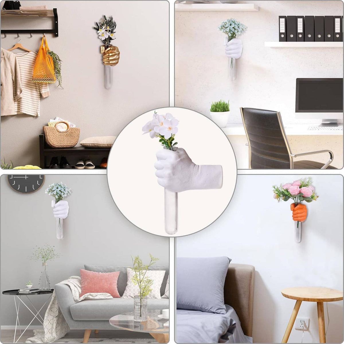 White hand vase wall decor holding small flower bouquets, shown in multiple views