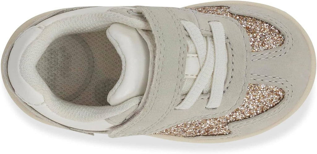 Kids sneaker upper with padded tongue, laces, and glitter stripe detail