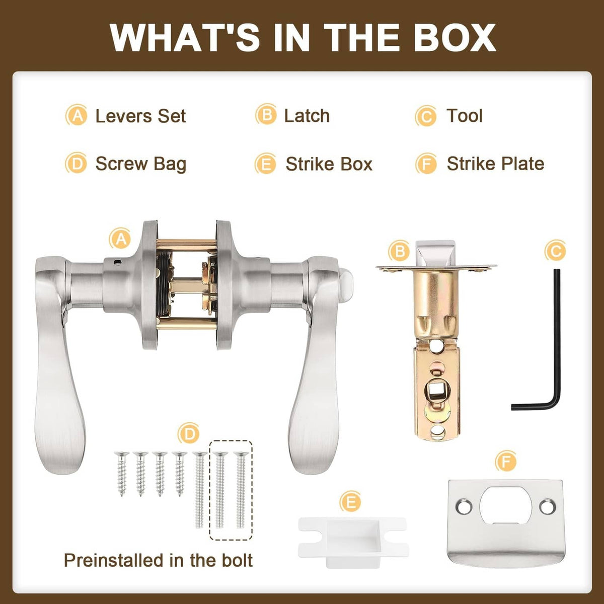 Brushed nickel privacy door handle kit with levers, latch, strike plate, and tools