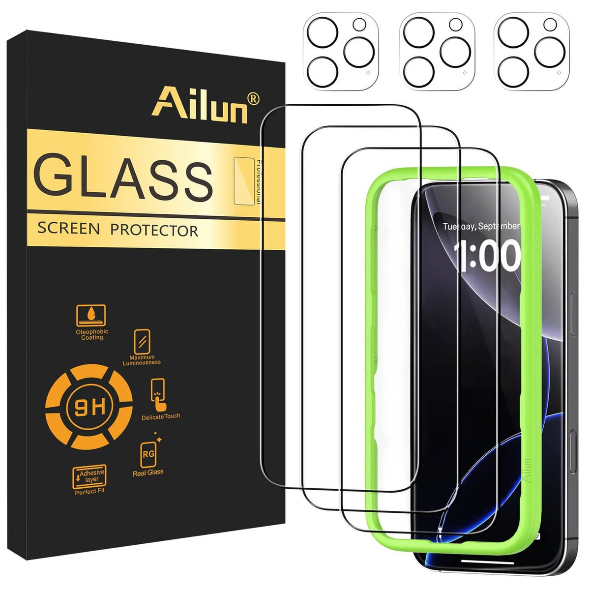 Ailun screen protector set for iPhone 16 Pro, three pack with green frame