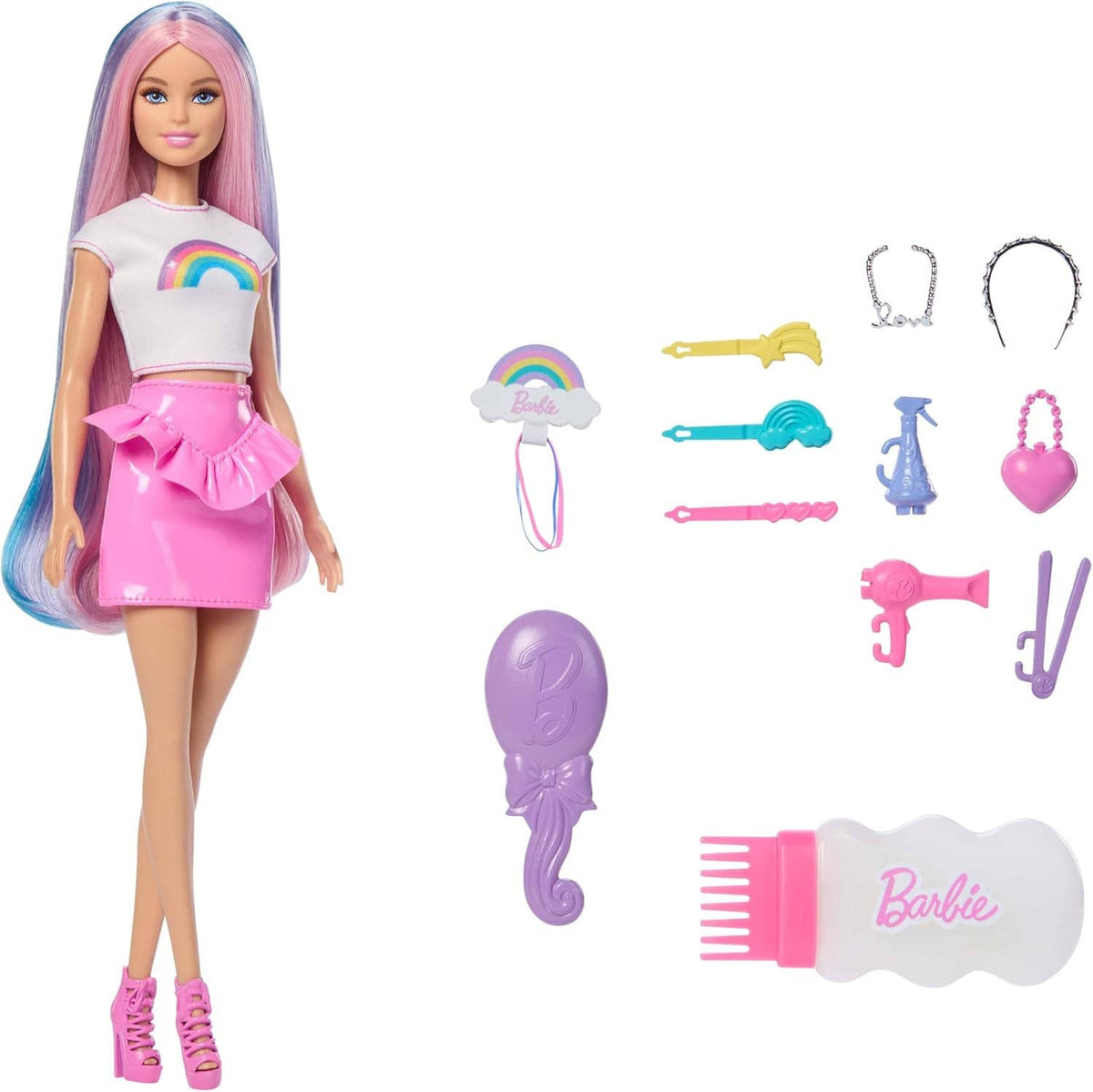 Rainbow hair sparkle doll in full view with pastel rainbow hair, pink outfit, and styling tools.
