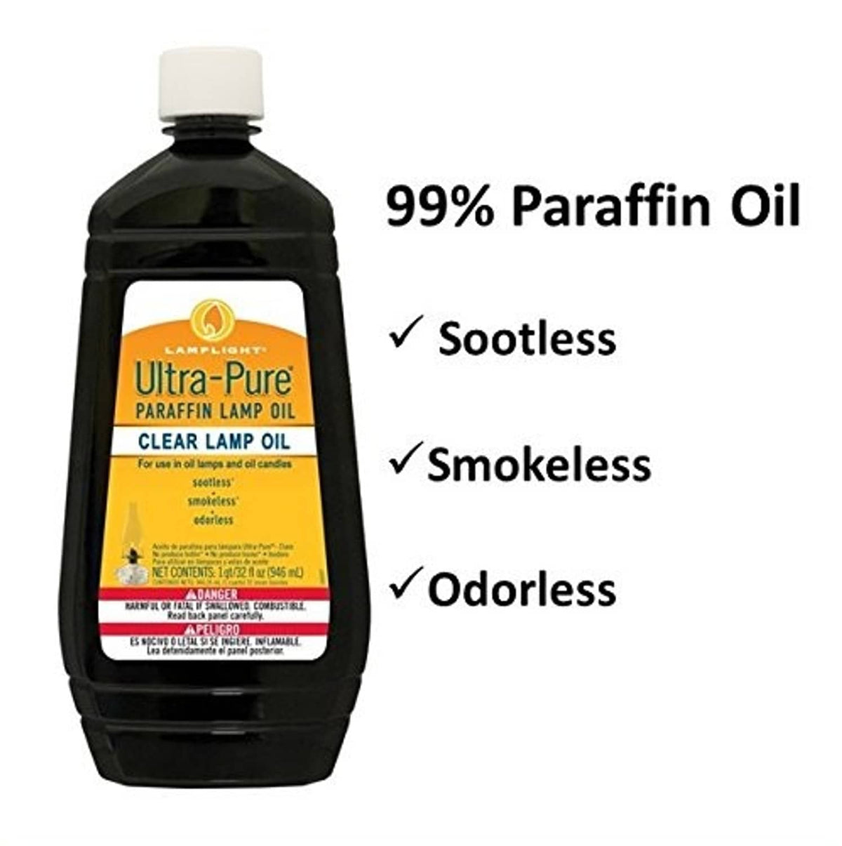 Lamplight ultra-pure clear lamp oil bottle, black with white cap; label reads 99% paraffin