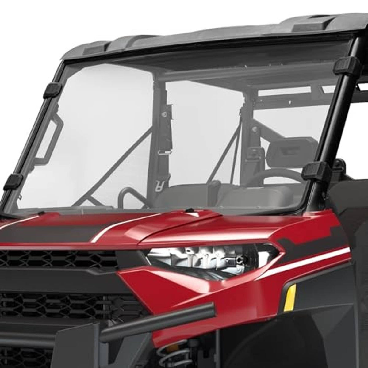 Polaris front windshield with clear panel and black frame on vehicle
