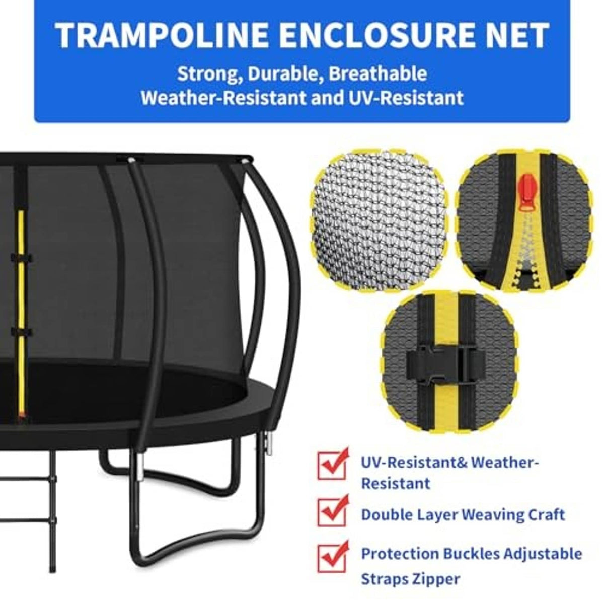 Black trampoline enclosure net with reinforced double-layer weave and protective adjustable straps