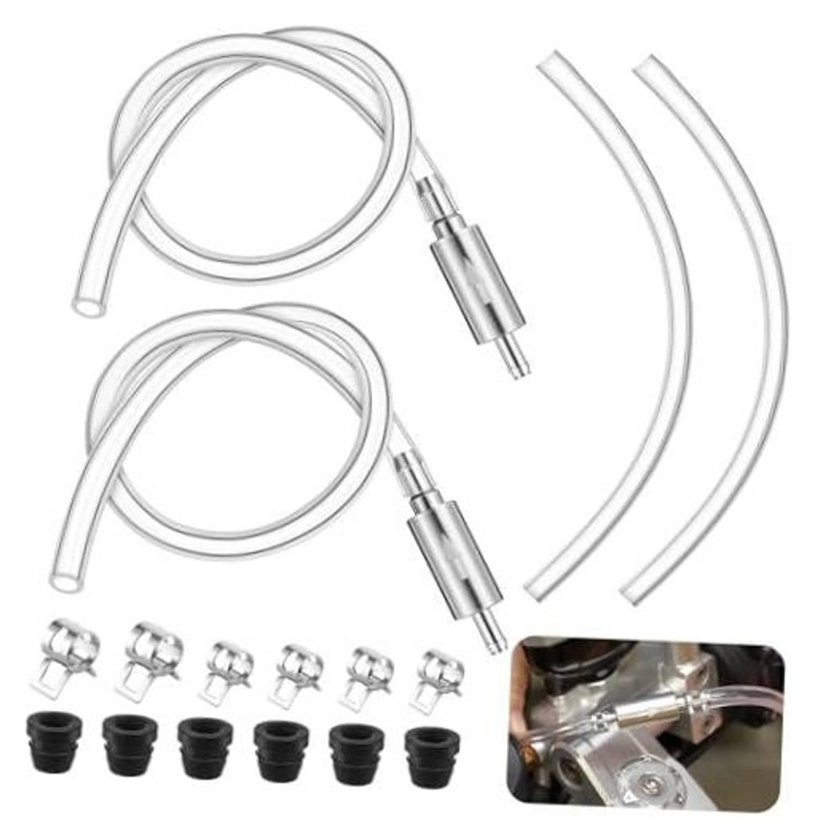 Brake bleeder hose kit with two clear hoses, metal nozzles, and small clamps