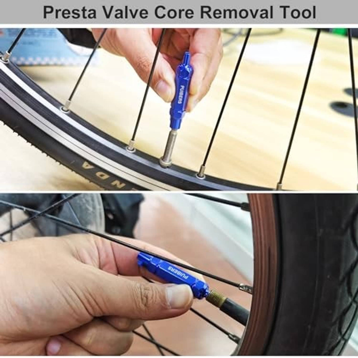 Presta valve core removal tool with blue handle used on a bicycle tire