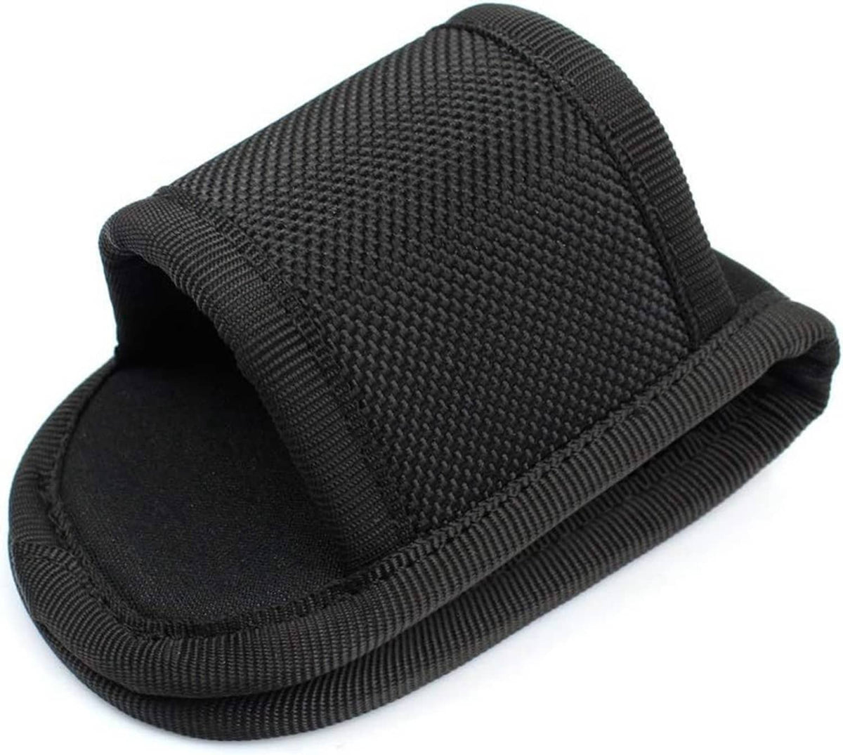 Black compact flashlight pouch with open cavity and reinforced fabric edging