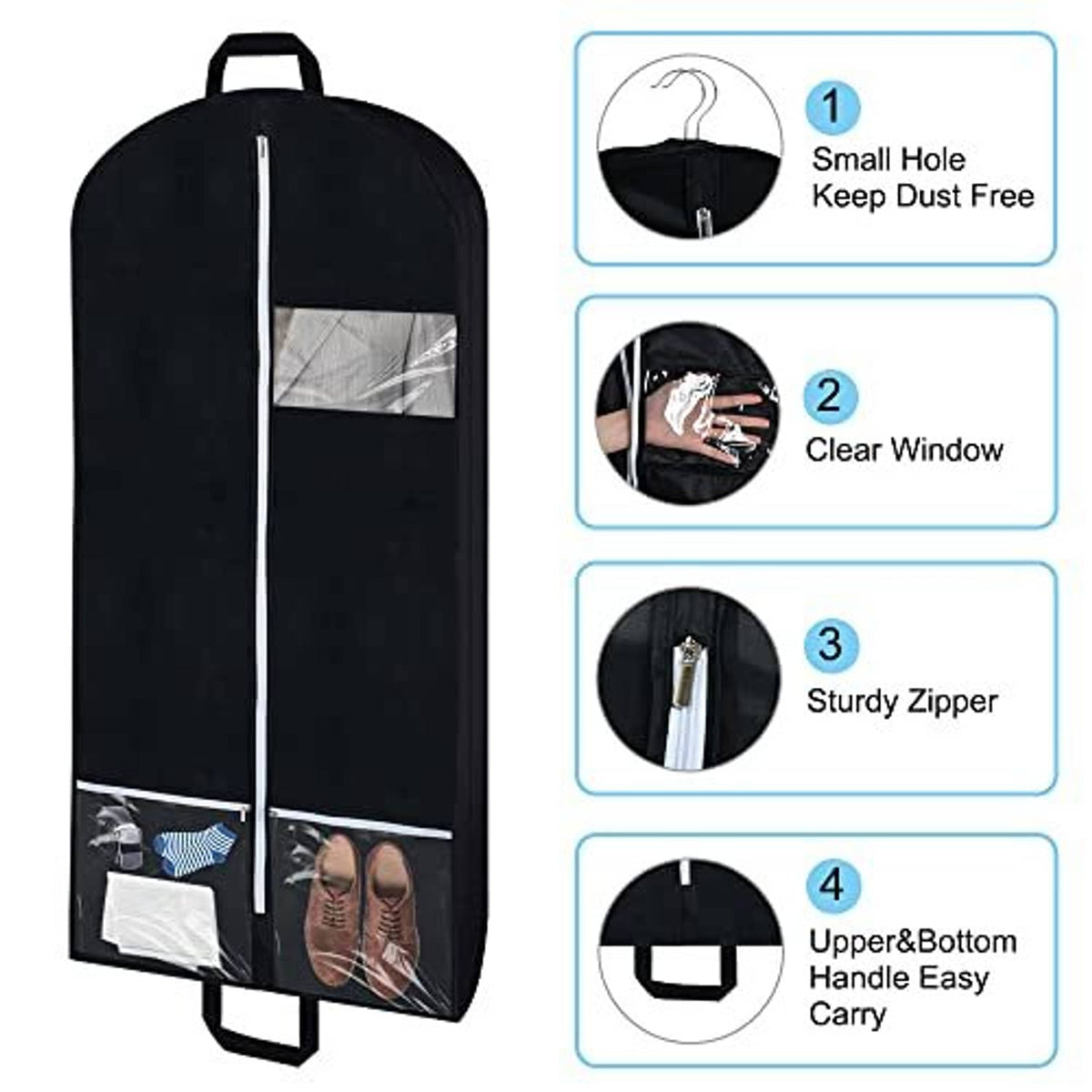 Black hanging garment bag with top handle, front zipper, and clear window pocket