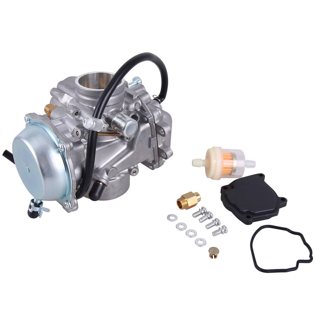 Carburetor with fuel pump canister plus included filter, gaskets, hoses, and screws