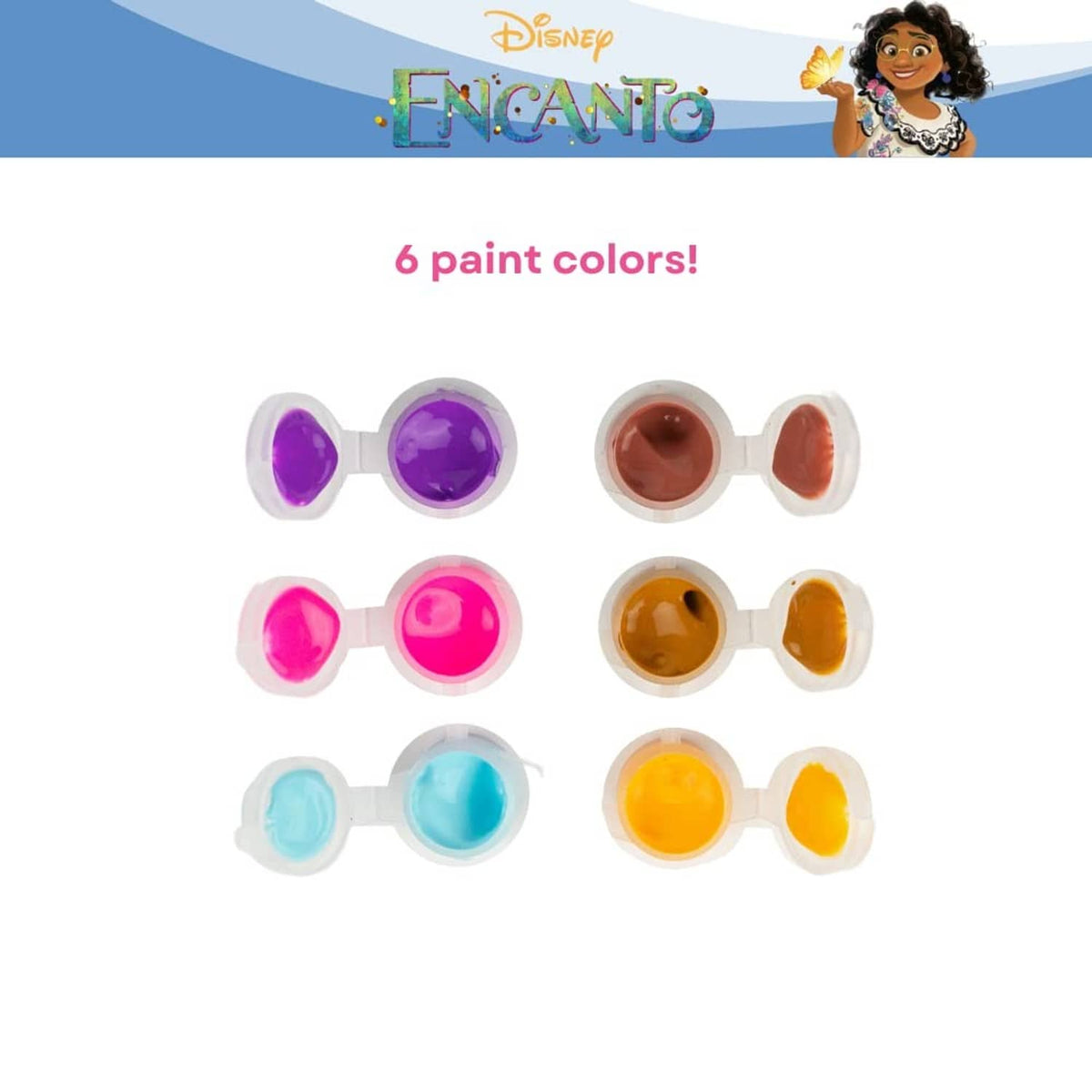 Six paint color pots with caps in purple, pink, brown, orange, blue, and yellow