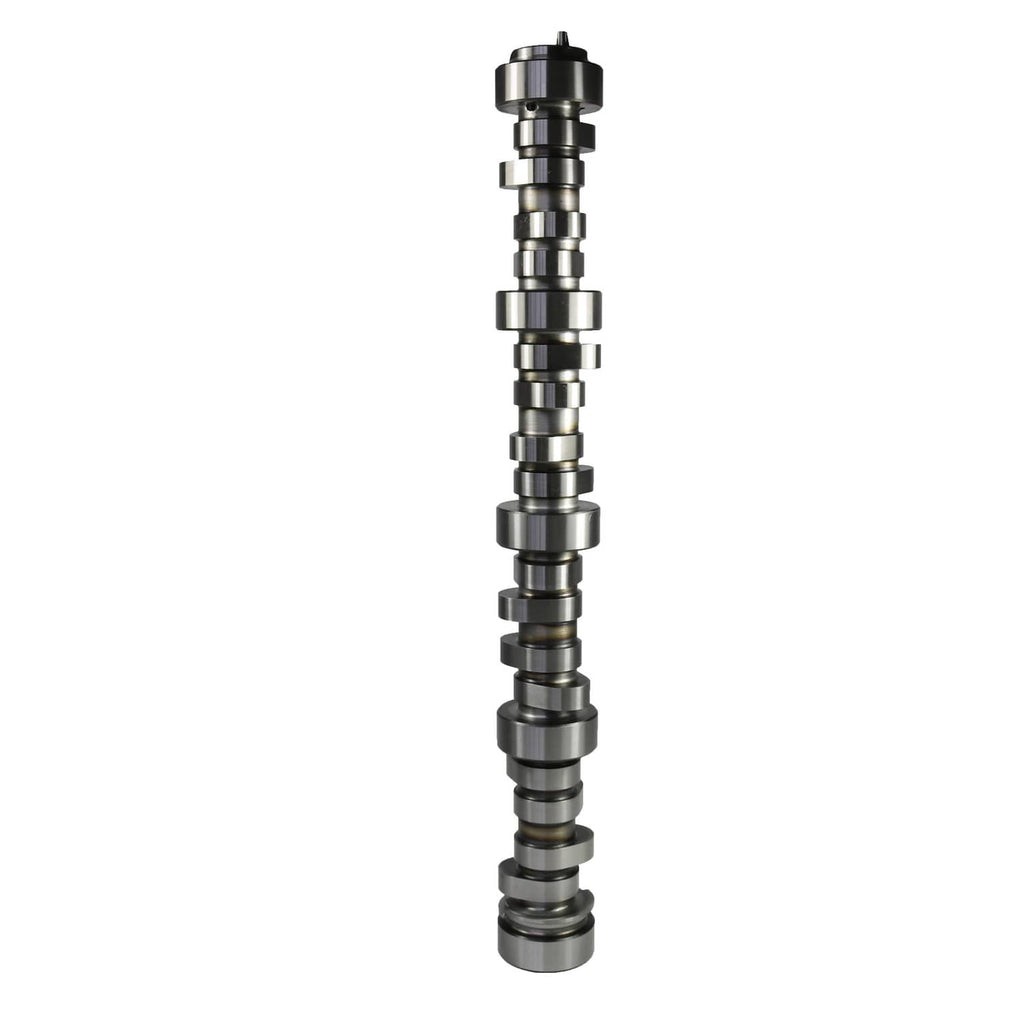 Vertical view of steel camshaft with multiple lobes and black-tinted journals