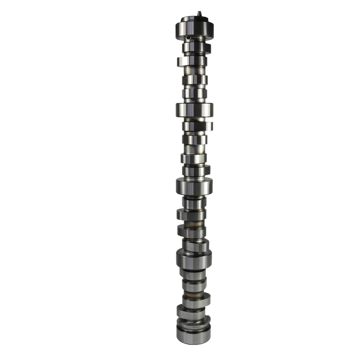 Vertical view of steel camshaft with multiple lobes and black-tinted journals