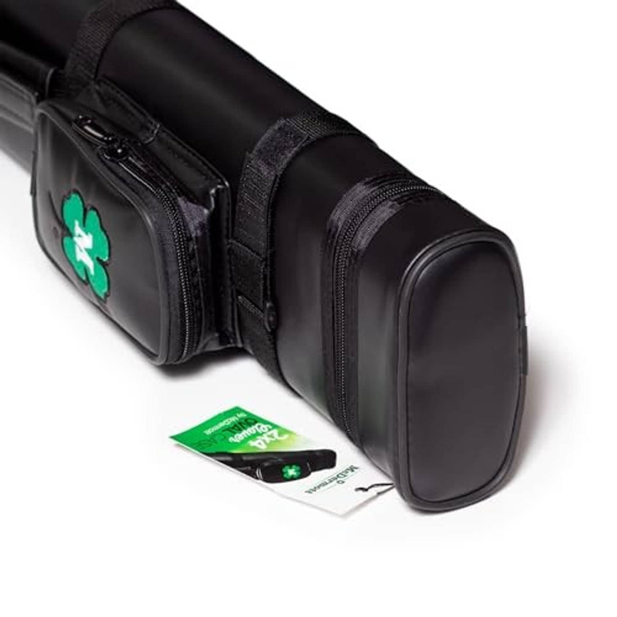 Black cue case with rounded end cap and green clover logo panel, plus hang tag.