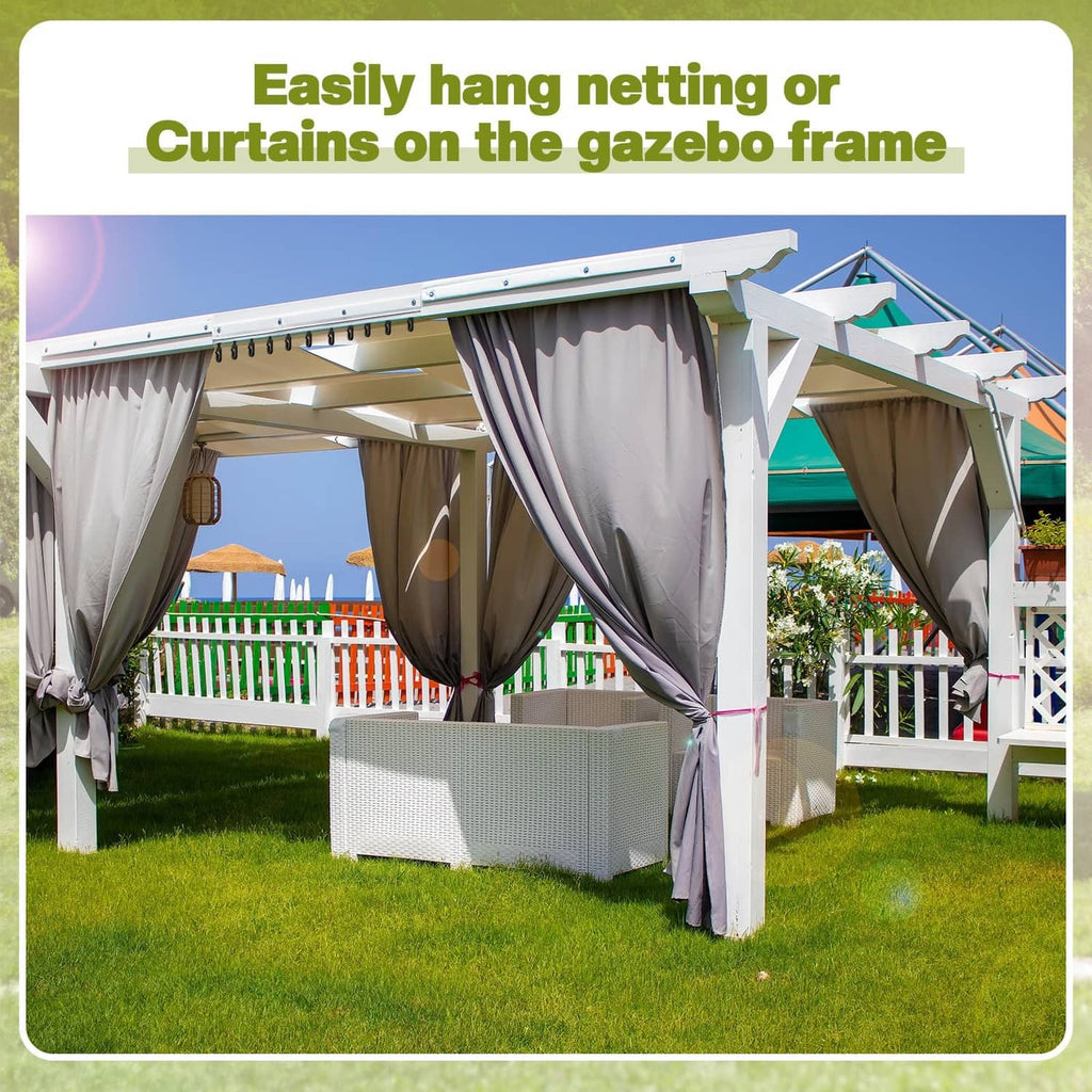 Gazebo curtains with black hook clips along the top header for hanging netting