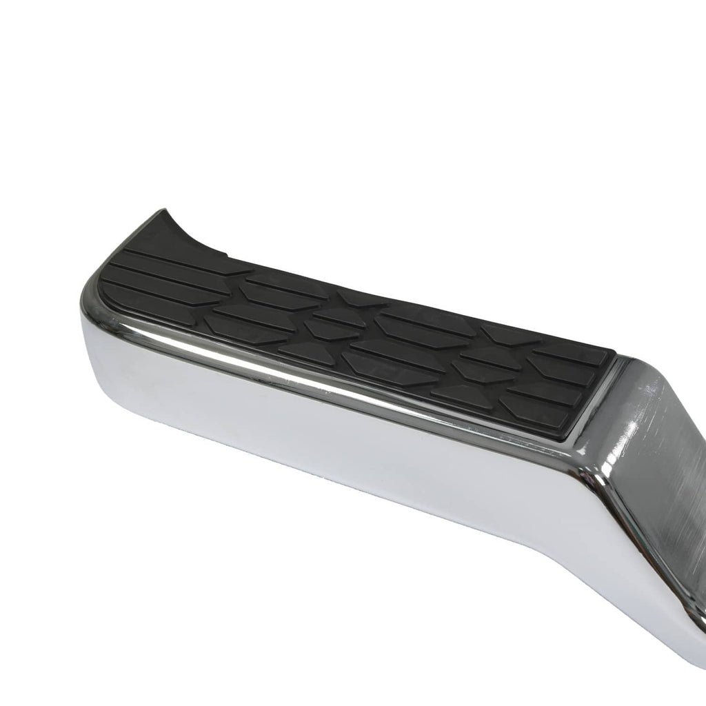 Close-up of chrome rear step bumper face bar with textured black grip insert